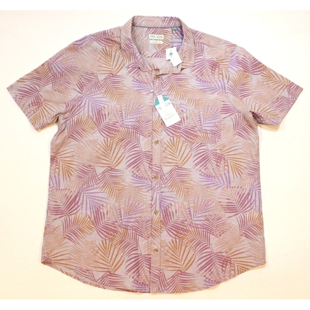 Tenth Ocean Mens XXL Button‎ Down Shirt Palm Leaf Print Linen Blend Short Sleeve